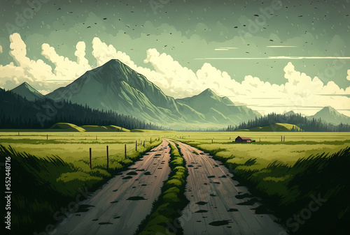 On an overcast day, a gravel road is bordered by mountains and grassy fields. Generative AI