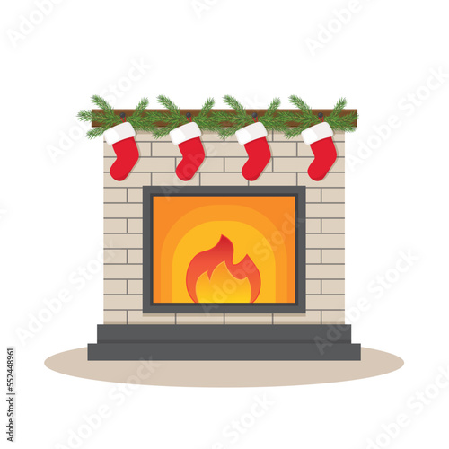 christmas stocking on fireplace decorated with fir tree- vector illustration