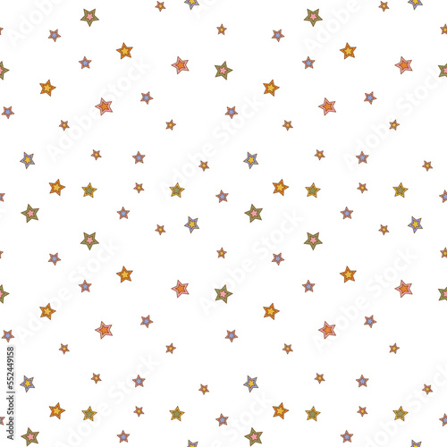 Hippie Christmas groovy seamless pattern with small cartoon stars on white background in retro style 1960s - 1970s