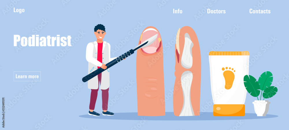Podiatrist concept vector for medical landing page. Paronychia concepnt vector for medical blog, app, banner. Podiatrist concept vector for medical landing page. Paronychia concepnt vector for medical blog, app, banner.