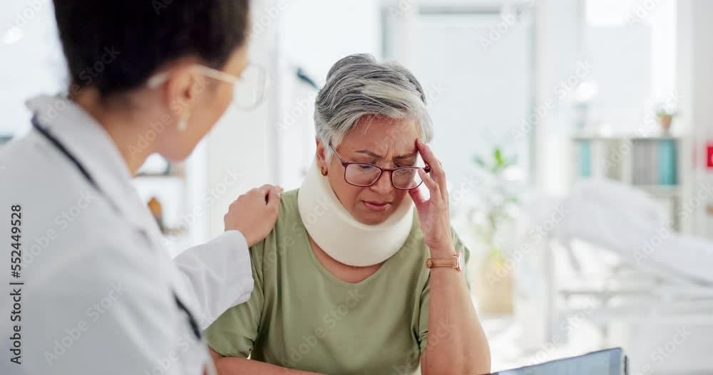 Doctor, patient and neck brace with tablet in consultation, diagnosis or planning surgery in hospital. Medical expert, senior woman and neck pain from injury, accident or consulting with comfort talk