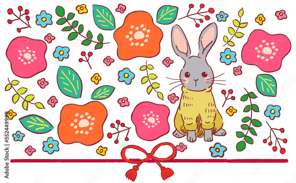 手描きウサギと花のイラスト素材