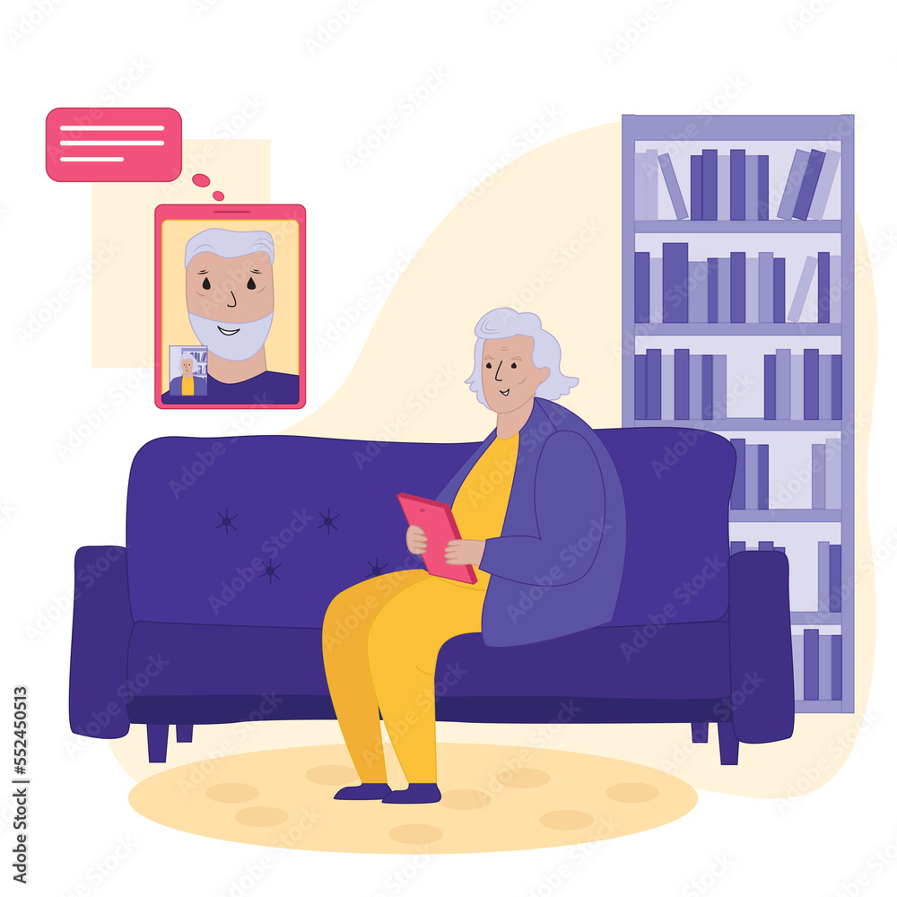 Modern old people using internet, mobile phones, technology. Senior women, granny with smartphone, laptops. Elderly generation online. Flat graphic vector illustration isolated on white background Modern old people using internet, mobile phones, technology. Senior women, granny with smartphone, laptops. Elderly generation online. Flat graphic vector illustration isolated on white background