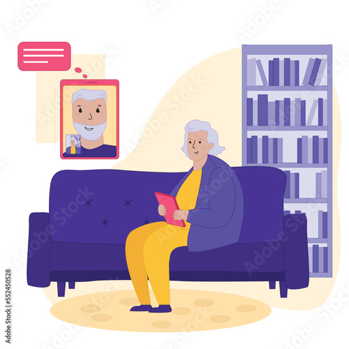 Modern old people using internet, mobile phones, technology. Senior women, granny with smartphone, laptops. Elderly generation online. Flat graphic vector illustration isolated on white background