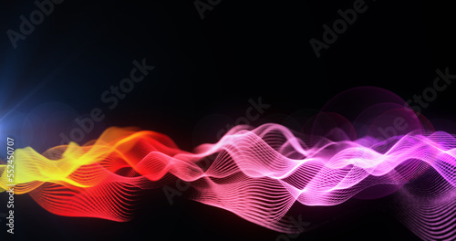 Abstract background multicolored gradient wave of futuristic hi-tech waves dots pixel particles flying with glow effect and background blur