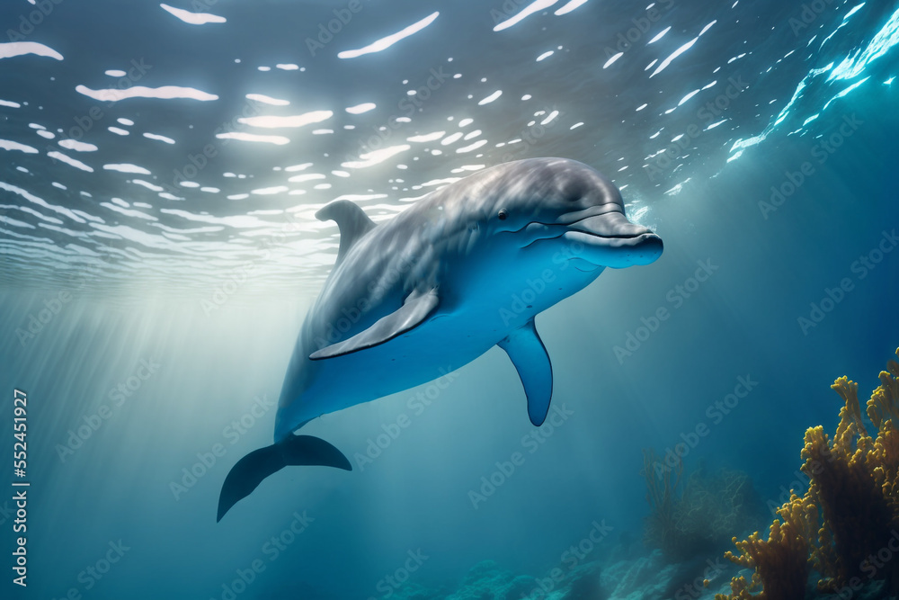 Obraz premium illustration of dolphin swimming under clean blue ocean water idea concept for environment preservation