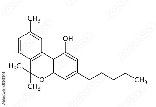 Cannabinol, or CBN, molecular structure. Cannabinol is mildly psychoactive cannabinoid extracted from cannabis. Vector structural formula of chemical compound with red bonds and black atom labels.