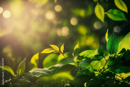 illustration of green forest leaves branch backlight against sunlight , selective focus
