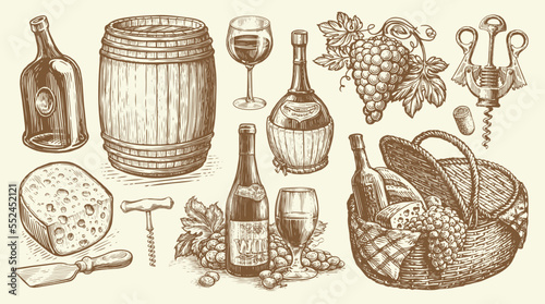 Wine drink concept. Barrel, wineglass, bottle, grapevine, corkscrew. Viticulture sketch collection vector illustration