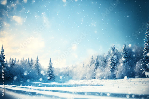 illustration background of  frozen fir forest while snow falling © QuietWord