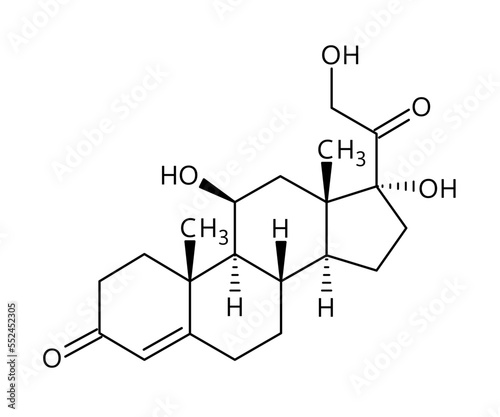 Cortisol molecular structure. Cortisol is a steroid hormone regulating stress response, metabolism, blood pressure, blood sugar and sleep-wake cycle. Vector structural formula of chemical compound