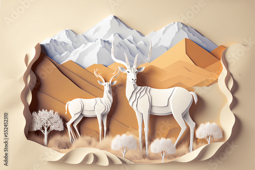 paper craft style illustration of Addax  in savanna  photo