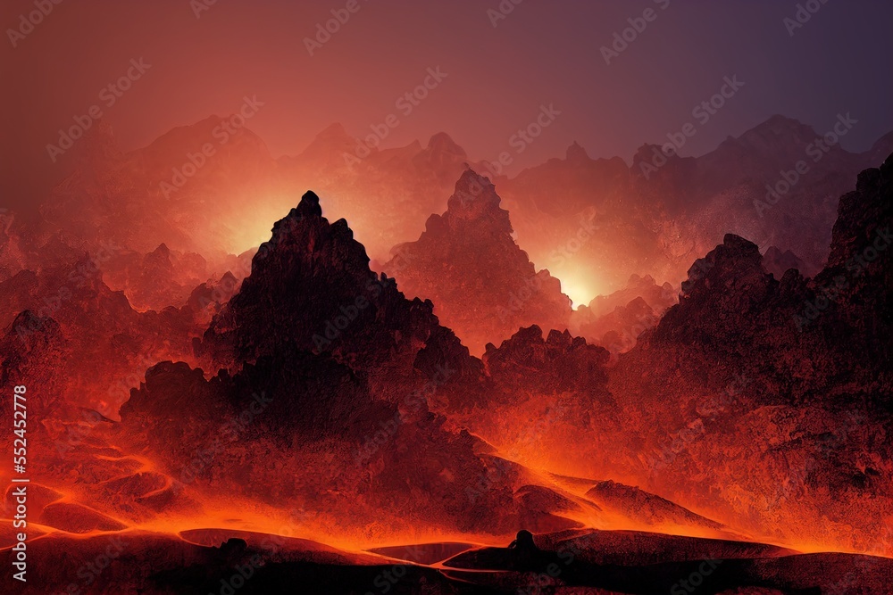 image of hell, red mountains and rocks with floating lava. Generative AI