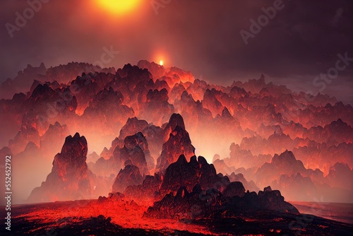 Landscape of hell, red mountains with melting burning lava. Generative AI