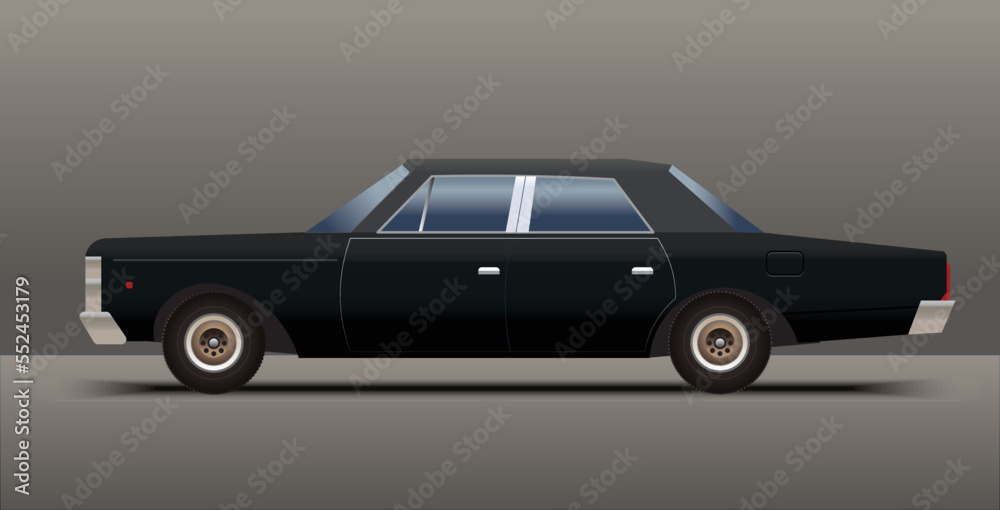 Vintage american 1960's black luxury car, 3d vector illustration, side view
