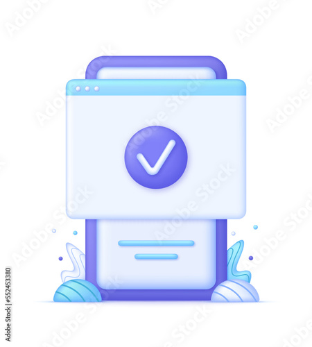 3D Page and check mark icon on Phone. Approved icon. File, checklist, document, form, plan.