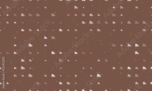 Seamless background pattern of evenly spaced white concrete mixer truck symbols of different sizes and opacity. Vector illustration on brown background with stars