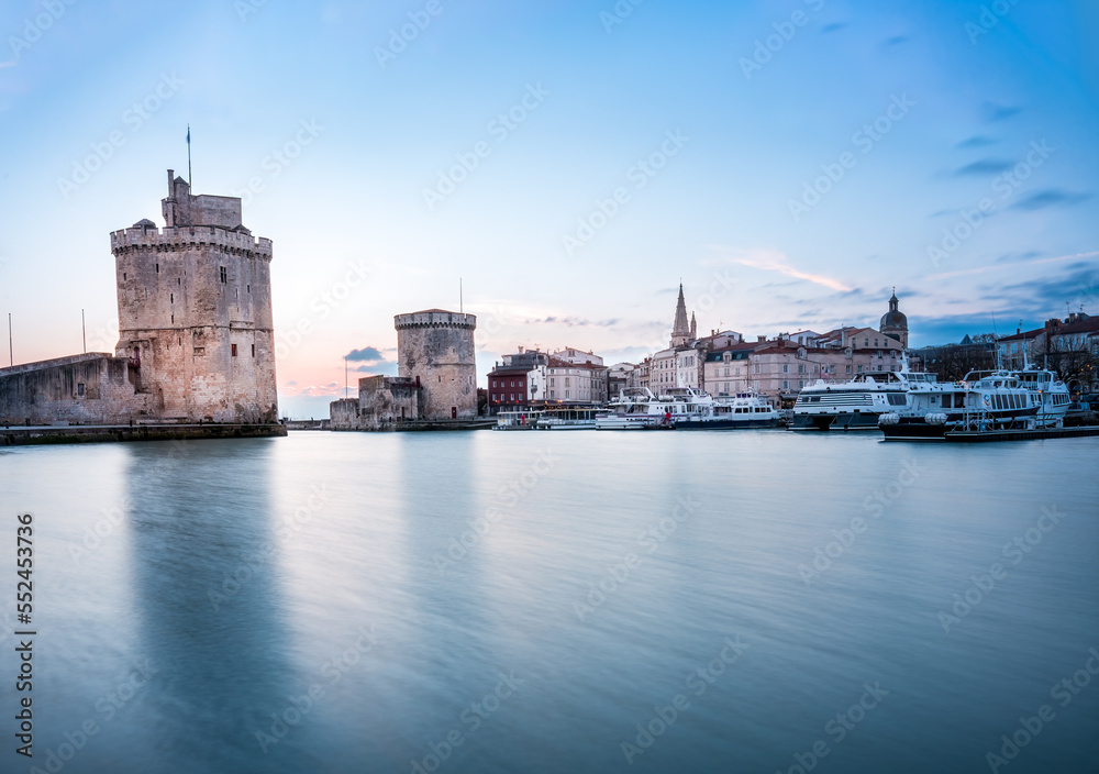 Panoramic view of the old harbour of La Rochelle at sunset