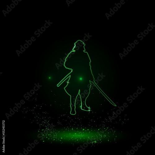 A large green outline samurai symbol on the center. Green Neon style. Neon color with shiny stars. Vector illustration on black background