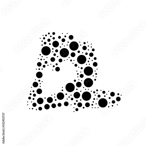 Fototapeta Naklejka Na Ścianę i Meble -  A large yoga stretching pose symbol in the center made in pointillism style. The center symbol is filled with black circles of various sizes. Vector illustration on white background