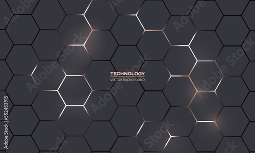 Dark gray hexagonal technology vector abstract background. Bright energy flashes under hexagon in modern technology futuristic background vector illustration. Dark gray honeycomb texture grid.