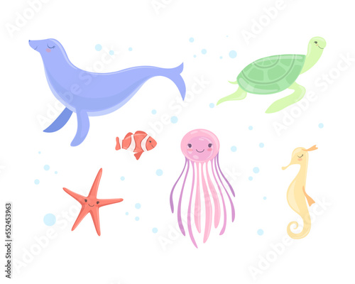 Cute Seal  Turtle  Jellyfish  Starfish and Seahorse as Sea Animal Floating Underwater Vector Set