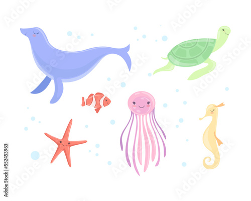 Cute Seal, Turtle, Jellyfish, Starfish and Seahorse as Sea Animal Floating Underwater Vector Set