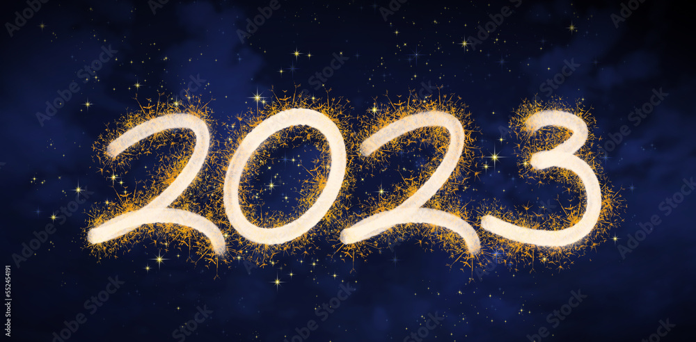 Happy new Year 2023 background with Sparkles on dark night sky Happy new Year 2023 background with Sparkles on dark night sky