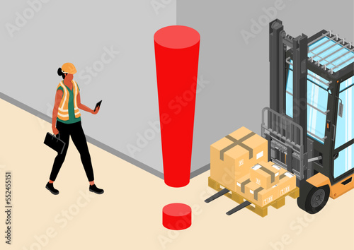 Forklift safety. Blind spot hazard. Isometric illustration with a forklift and a worker just before a possible accident. Vector.
