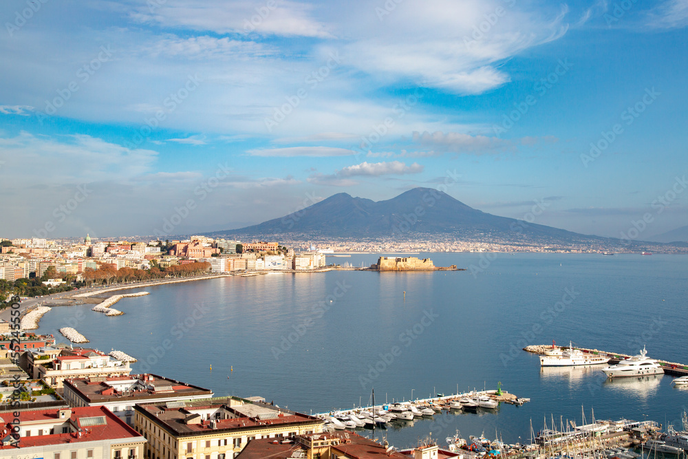 Panoramic view of the Gulf of Naples, Mount Vesuvius in the background. Sunny day in Naples Italy
