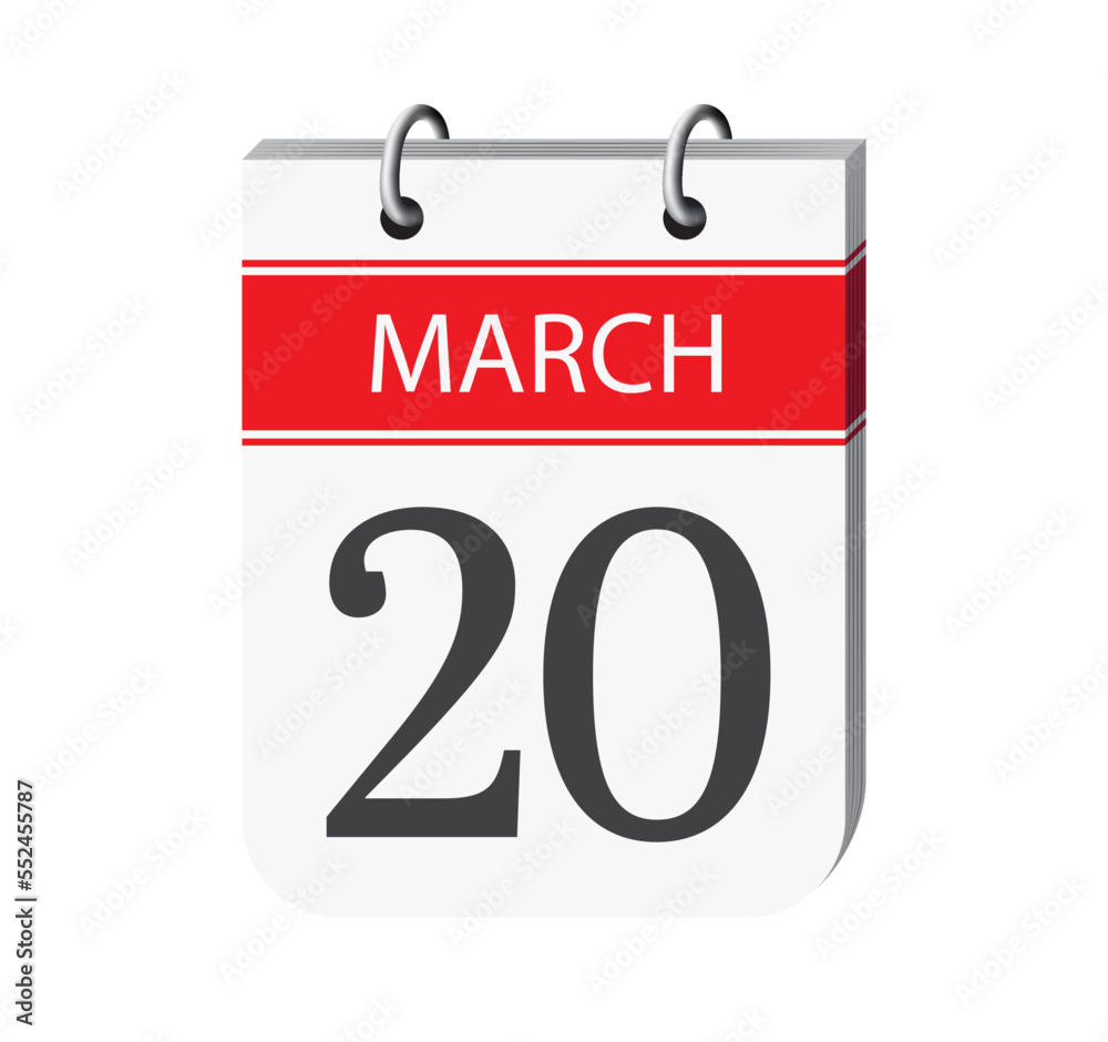 20 march calendar page vector. 3d one day calendar date appointment, event reminder illustration. Abstract three dimensional daily date calendar. 20 march calendar page vector. 3d one day calendar date appointment, event reminder illustration. Abstract three dimensional daily date calendar.