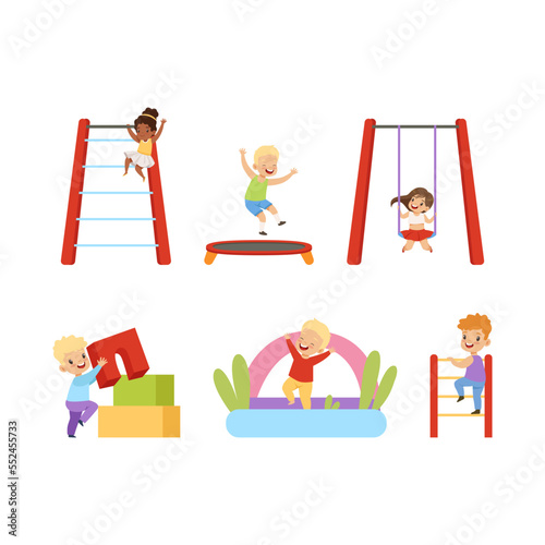 Playful Little Children at Playground Engaged in Different Activity Vector Set