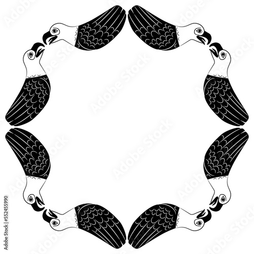 Geometrical frame with kissing birds. Seagull or gull. Black and white silhouette. Native American animal design of Tsimshian Indians. photo