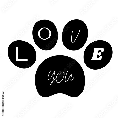 Vector ilustración LOVE YOU en una pata de gato negra con fondo blanco. Amor animal