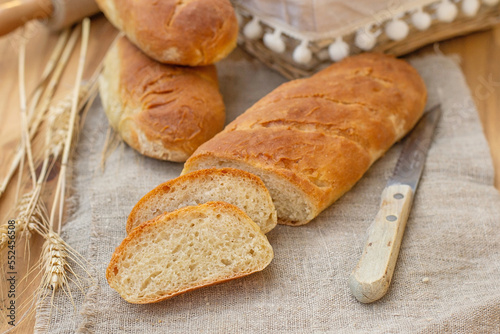 Homemade white bread baguette cut in slices