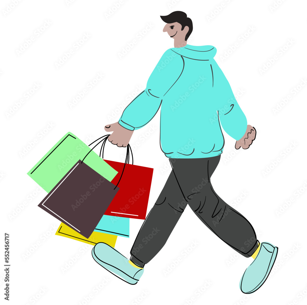 Guy comes from the store, he has shopping bags in his hand. A bright cartoon-style illustration. Vector illustration Guy comes from the store, he has shopping bags in his hand. A bright cartoon-style illustration. Vector illustration