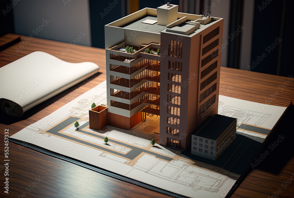 Detailed view of a building model and plans on a table in a blank room ...