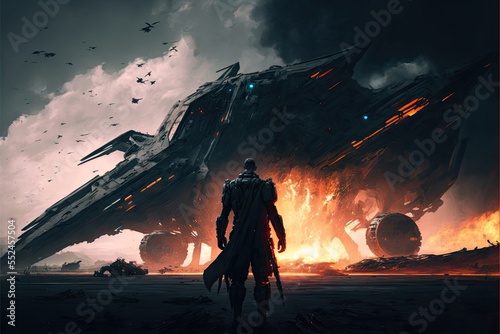 Fotografie, Tablou Science fiction space battle war scene with soldier and crashing spaceship fire