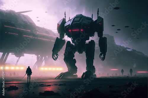 Science fiction space battle war scene with soldiers, mecha cyborgs and spaceships