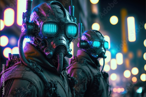 Future soldier character duo in neon gas masks