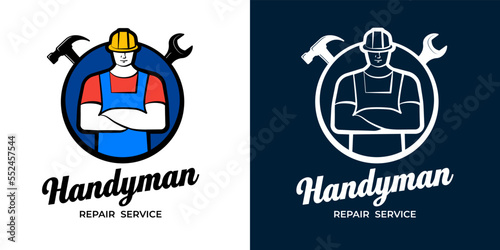 Handyman repair service logo set. Worker with hammer and wrench logotype. Building business brand identity symbol. Construction and maintenance industry badge design. Mechanic workshop vector insignia