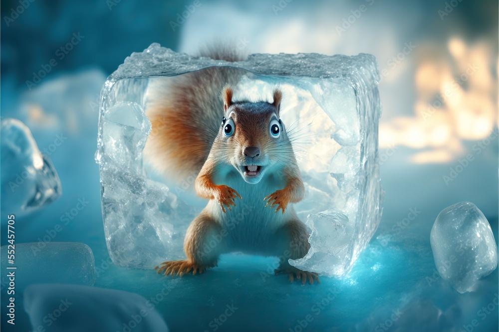 Squirrel frozen inside an ice block. Ancient ice age animal. Stock