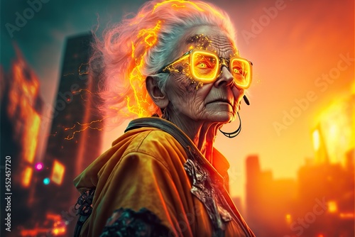 Cool old cyberpunk grandma in the future with neon gold glasses and futristic cityscape golden hour background