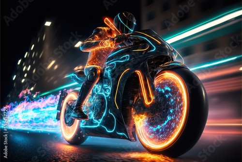 Moto racer speeding through streets on neon motorcycle. Burning speed motion driving.