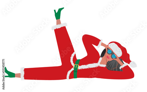 Cool woman as Santa Claus, lying down and searching throug binoculars. Isolated on white. Vector illustration.