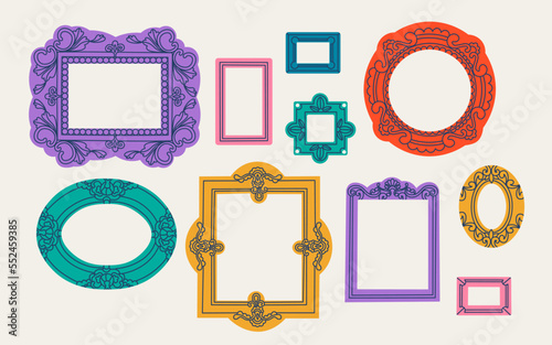 Big set of multicolored classic carved picture frames. Decorative frame for photos and drawings. Rectangular, oval, carved frame for museum or gallery. Vector isolated illustration for design.