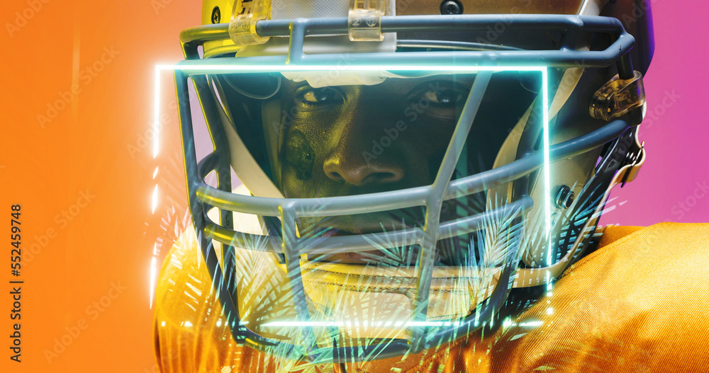 Close-up of illuminated rectangle and plants over portrait of american football player in helmet