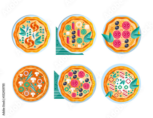 Appetizing Italian Pizza as Round Hot Dough Topped with Different Ingredient Vector Set