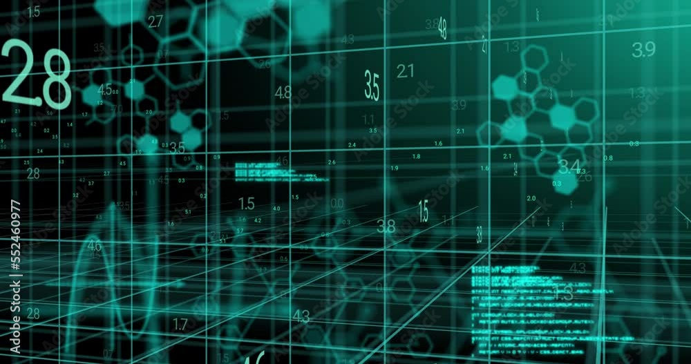 Animation of layers of processing data and coding moving over 3d grid on black background