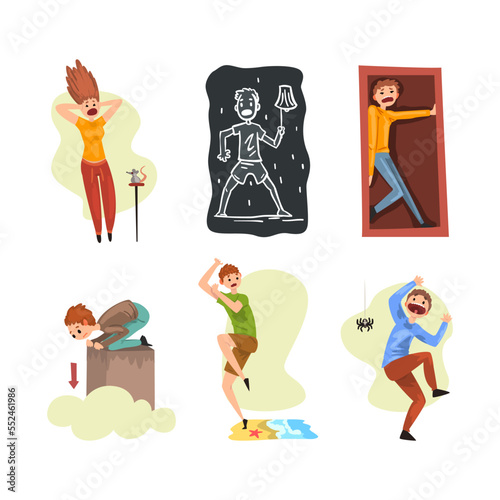 People with Different Phobias and Fears Afraid of Mouse, Spider, Darkness, Water and Height Vector Set